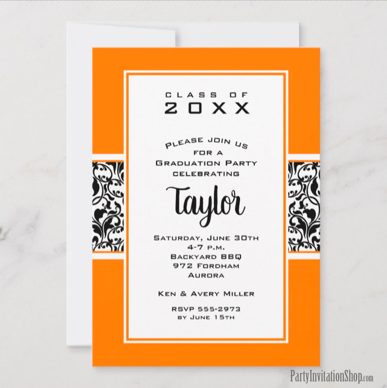 Oklahoma State Orange and Black Damask Graduation Party Invitations Announcements at PartyInvitationShop.com
