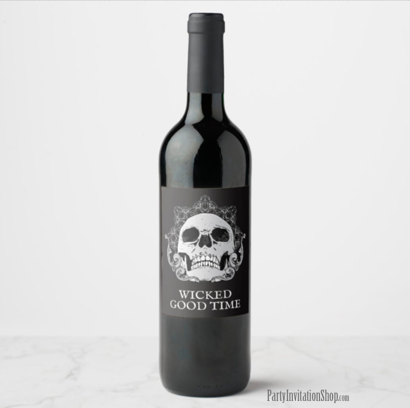 Skull on Black Halloween Wine Labels