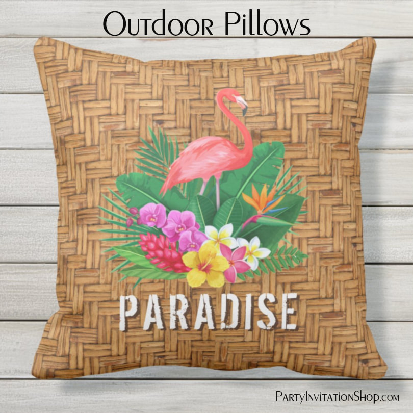 Flamingo Flowers on Wicker Pattern Outdoor Pillows