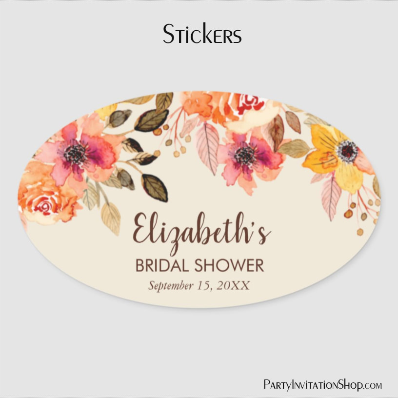 Autumn Watercolor Floral Bridal Shower Oval Sticker