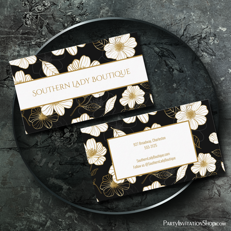 Chic White Gold Flowers on Black Business Cards