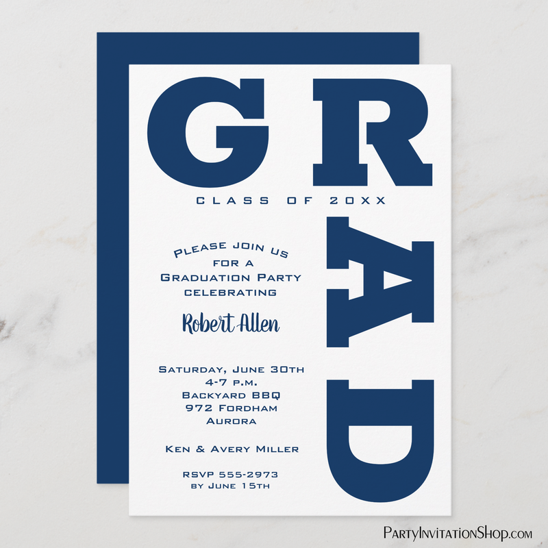 Bold GRAD Navy Blue White Graduation Invitations