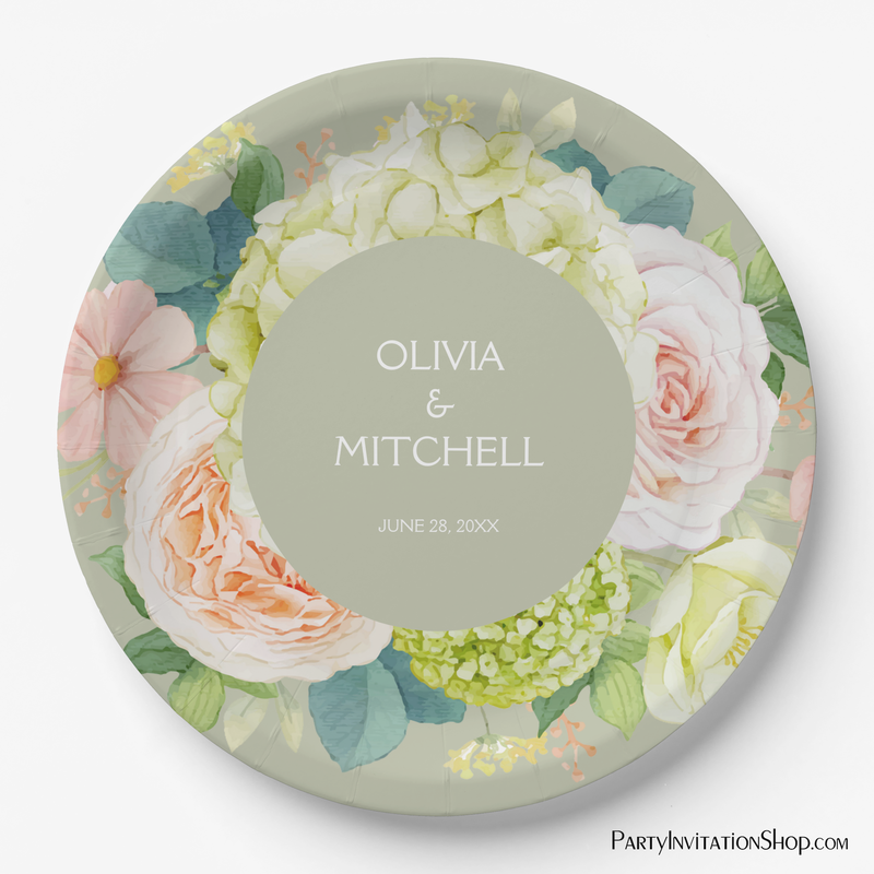 Chic Watercolor Florals Sage Green Wedding Paper Plates