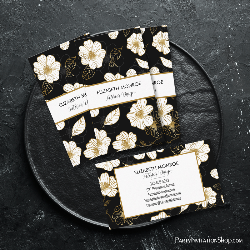 White and Gold Flowers on Black Business Cards