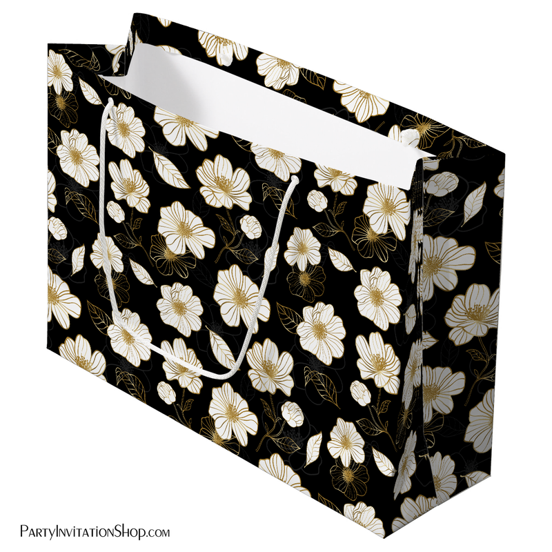 White and Gold Flowers on Black Large Gift Bags