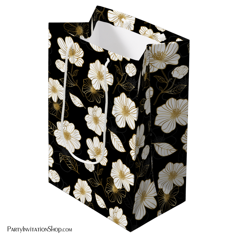 White and Gold Flowers on Black Medium Gift Bags