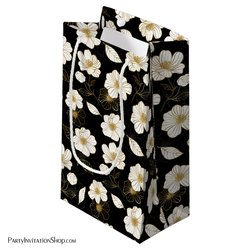 White and Gold Flowers on Black Small Gift Bags