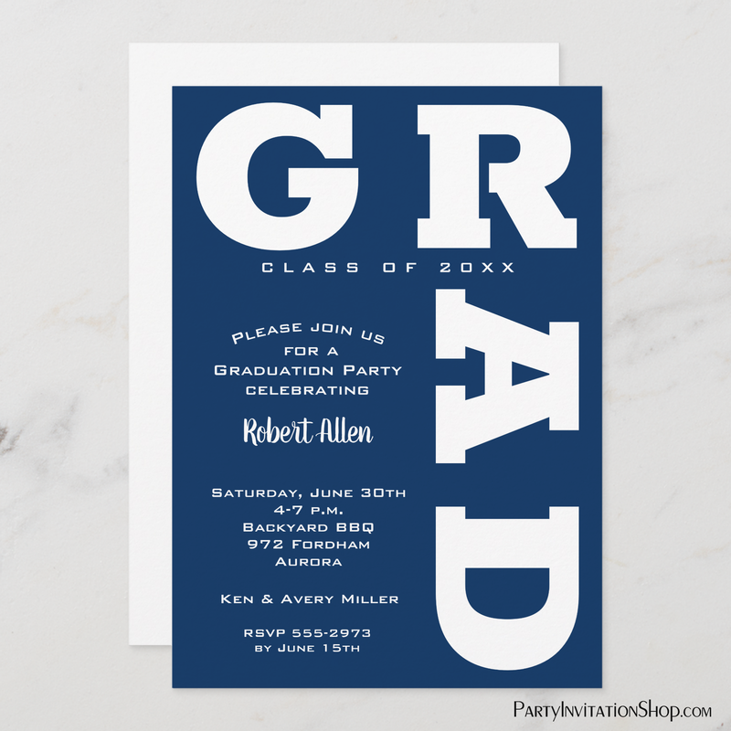Bold GRAD White Navy Blue Graduation Invitations
