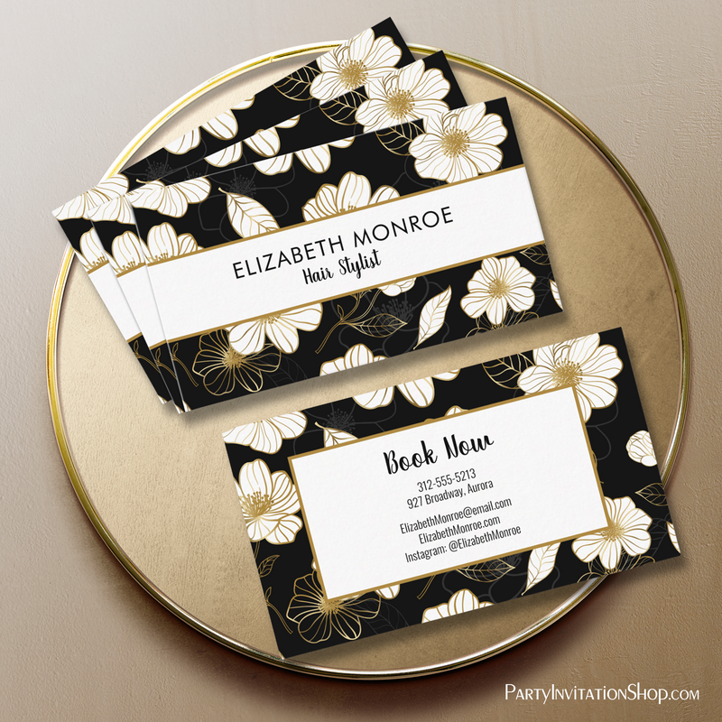 White Gold Flowers Black Salon Hair Stylist Business Cards