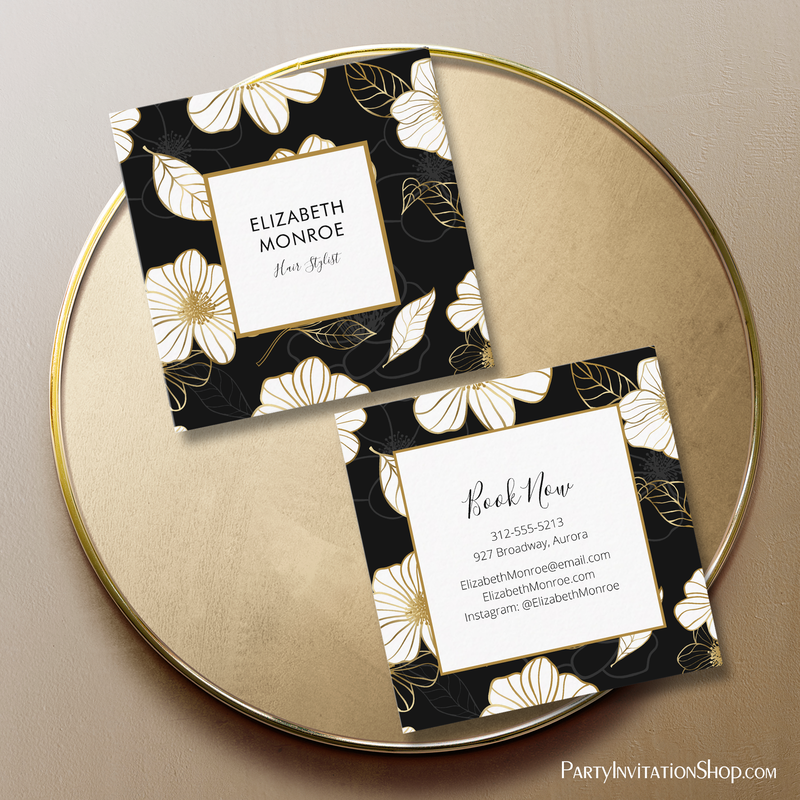 White Gold Flowers on Black Salon Hair Stylist Square Business Cards