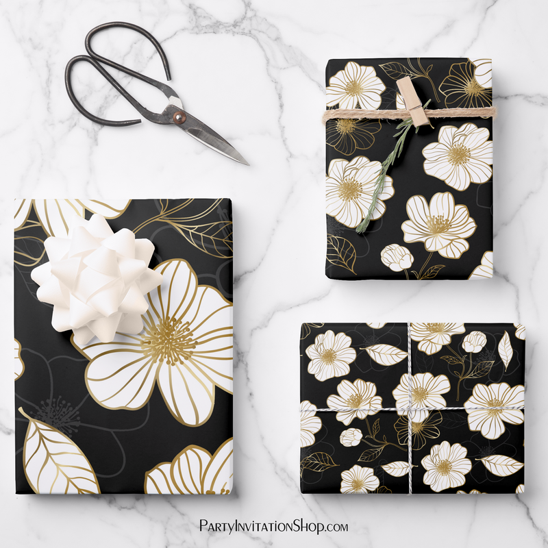 White Gold Floral on Black Wrapping Paper Sheets