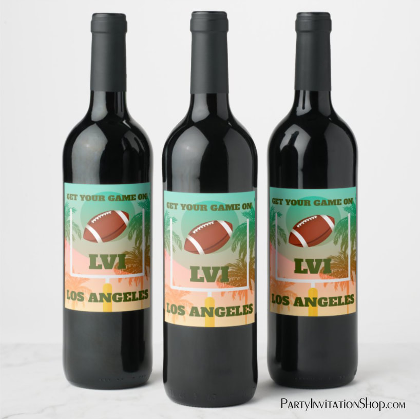 Palm Trees Football Super Bowl Party Wine Bottle Labels at PartyInvitationShop.com