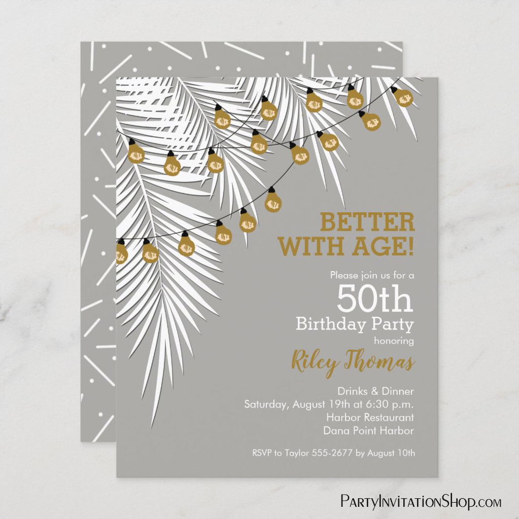 Silver and Gold 50th Birthday Palm Tree Party Invitations