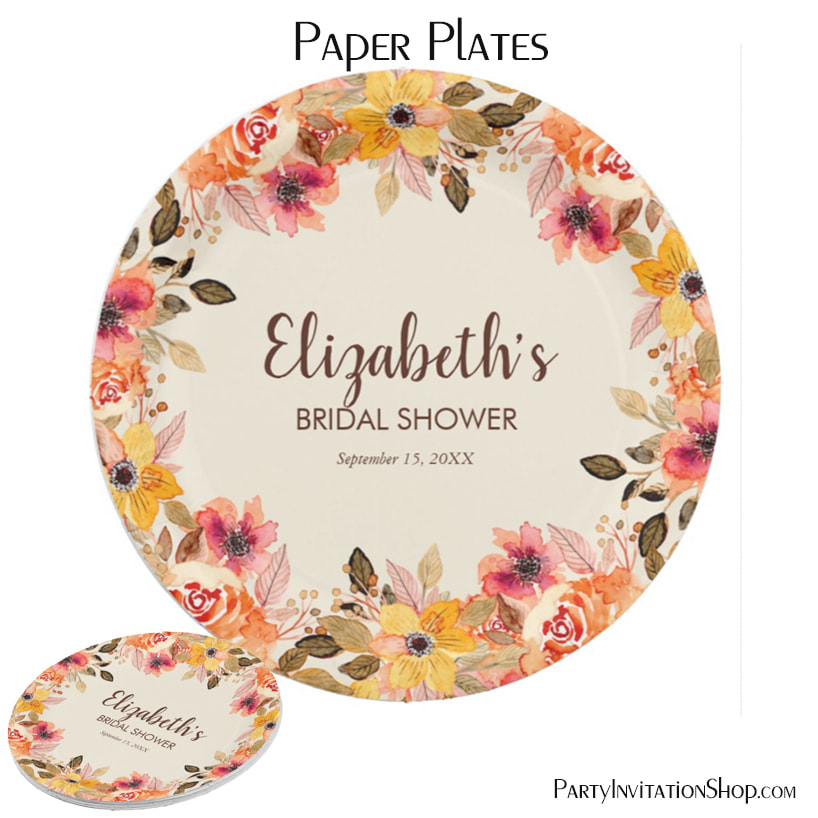 Autumn Watercolor Flowers Bridal Shower Paper Plates