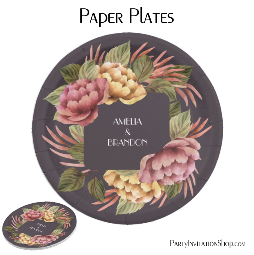 Dramatic Floral Couples Wedding Shower Paper Plate