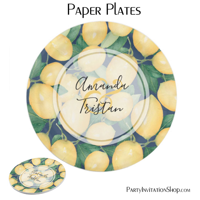 Watercolor Lemons on Navy Blue Personalized Paper Plate