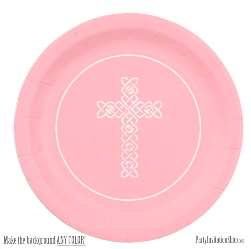 White Cross on Pink Religious Paper Plates