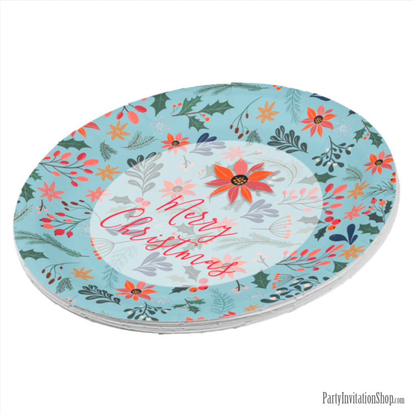 Poinsettia Berries Leaves Holiday Christmas Paper Plates