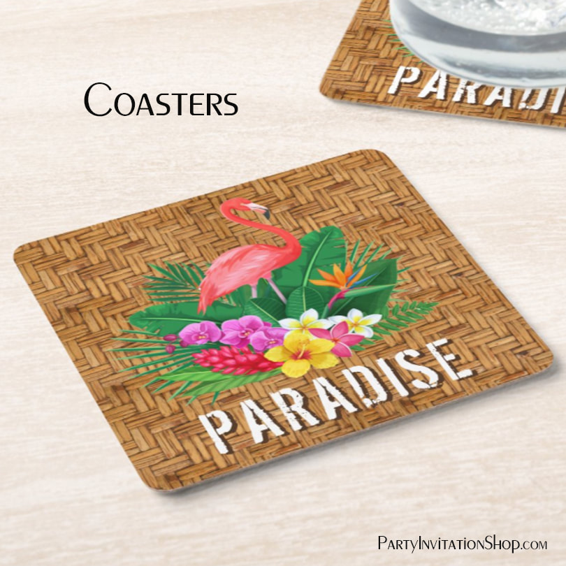 Flamingo Flowers on Wicker Pattern Square Paper Coasters