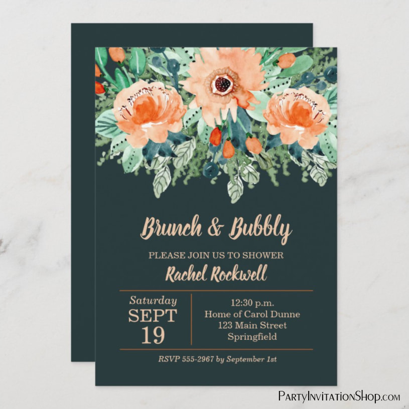 Peach Teal Floral Brunch Bridal Shower Invitations