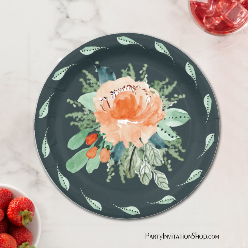 Peach Jade Teal Floral Watercolor Wedding Paper Plate