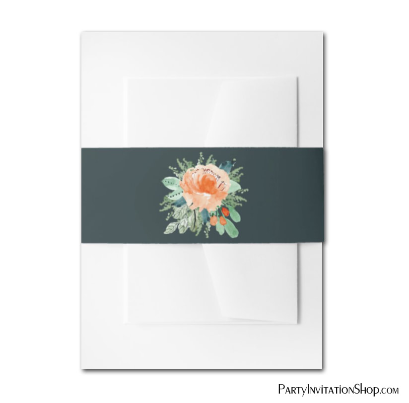Watercolor Peach Flower on Teal Invitation Belly Bands