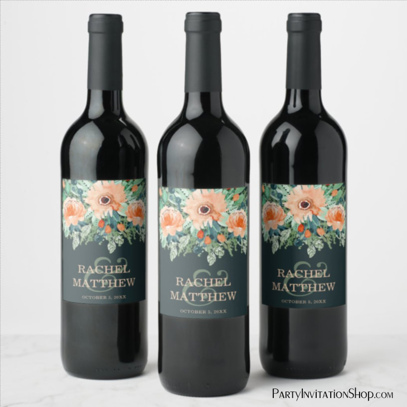 Peach Floral Watercolor on Teal Wine Bottle Labels