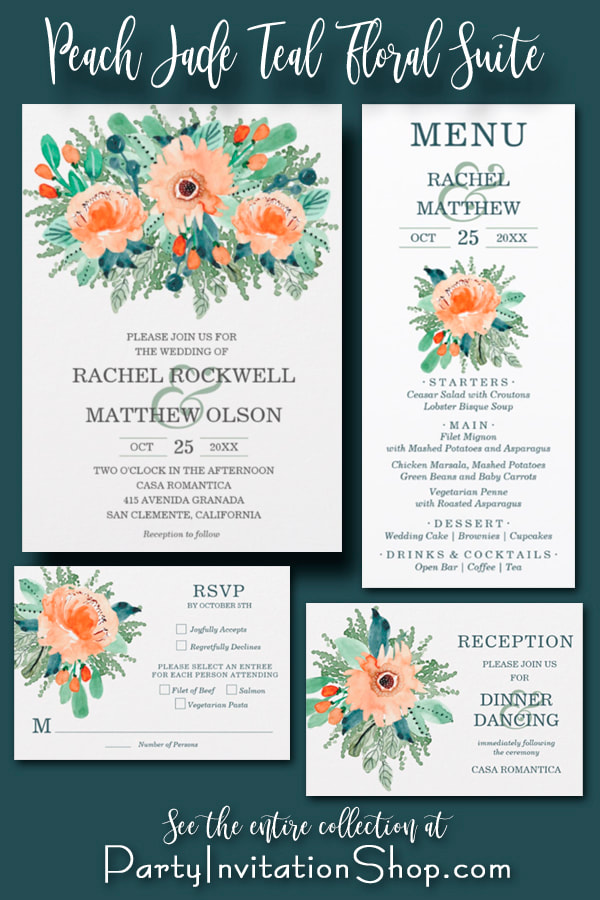 Wedding Invitations - Peach, Jade, Teal watercolor floral invitation suite - PartyInvitationShop.com