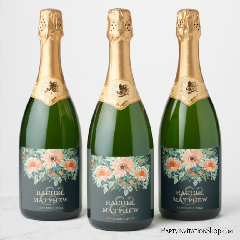 Peach Floral Watercolor on Teal Champagne Bottle Labels