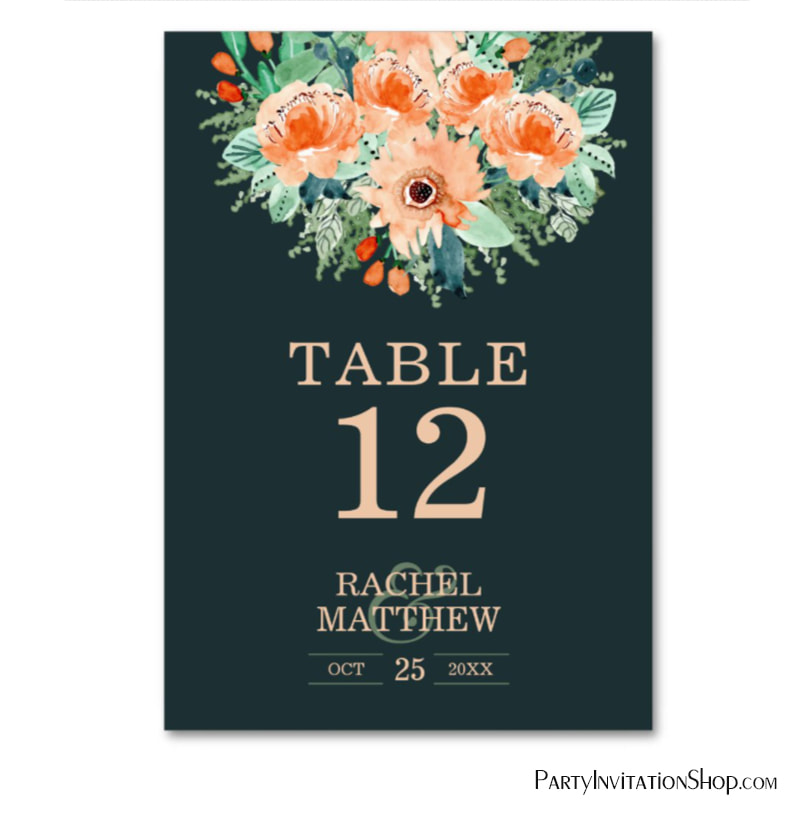 Peach Jade Teal Floral Watercolor Table Numbers