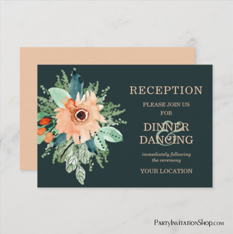 Peach Jade Teal Floral Wedding Reception Cards