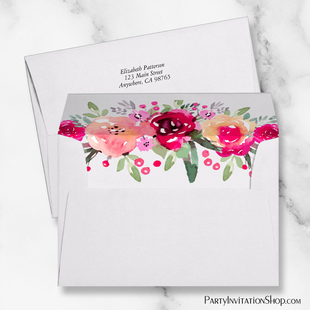 Personalized 5 x 7 Watercolor Pink Garden Flowers Lined Envelopes