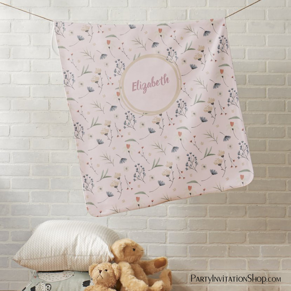 Personalized Botanical Wildflowers Pink Baby Blanket