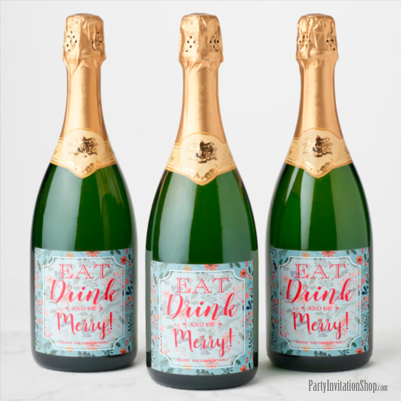Eat Drink and Be Merry Christmas Floral Holiday Champagne Labels