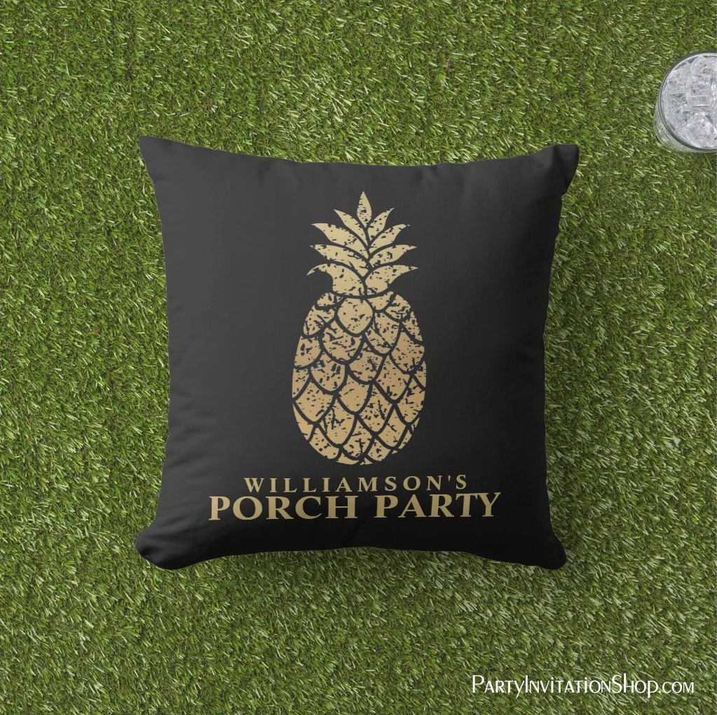 Personalized Gold Pineapples Porch Party Black Outdoor Pillow