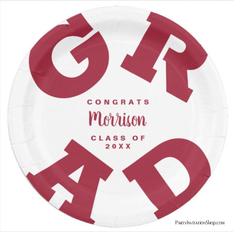 Personalized Name Crimson on White Graduation Paper Plates