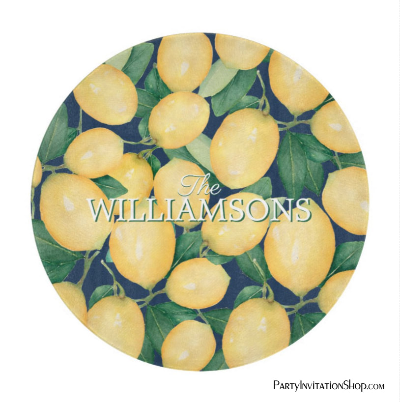 Personalized Lemons Greenery Navy Blue Cutting Board