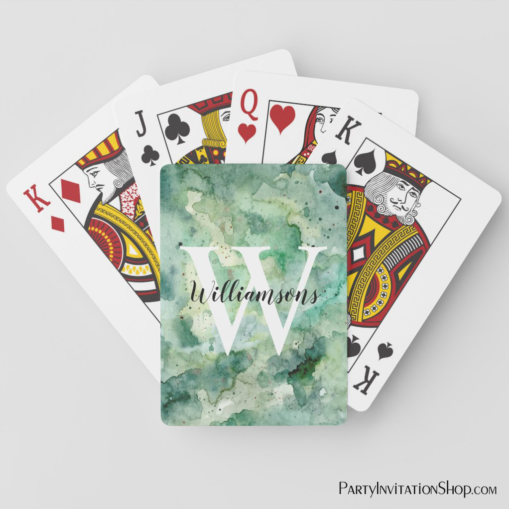 Personalized Monogram and Name Green Watercolor Playing Cards