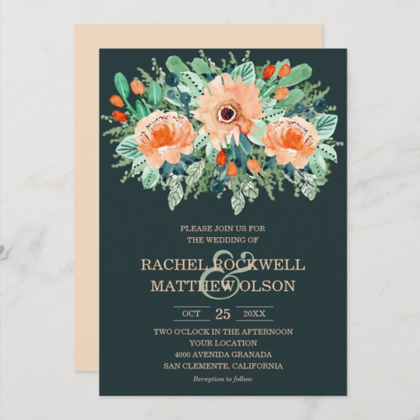 Peach Jade Teal Floral Watercolor Wedding Invitations