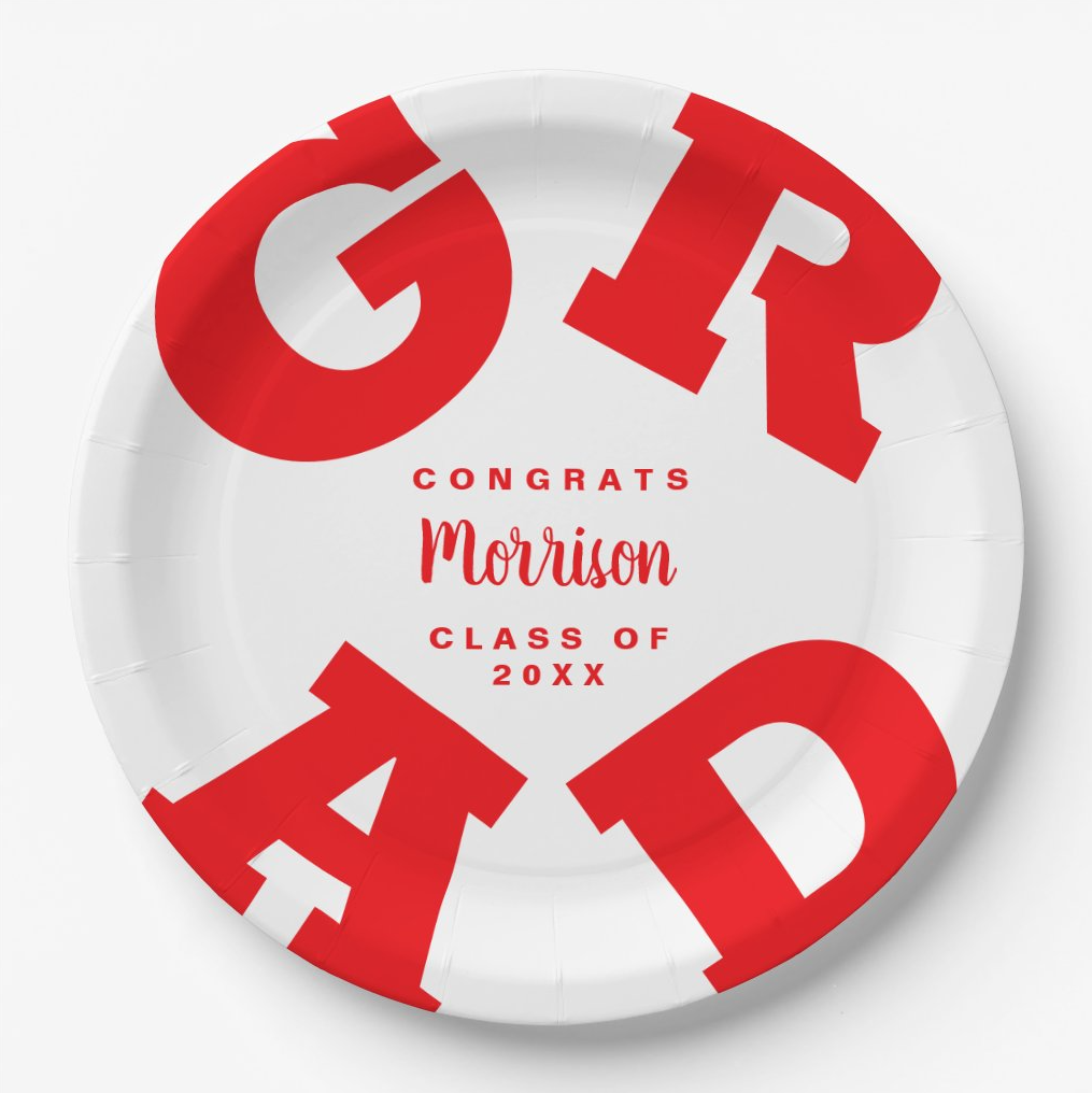 Personalized Red and White Graduation Party Plates