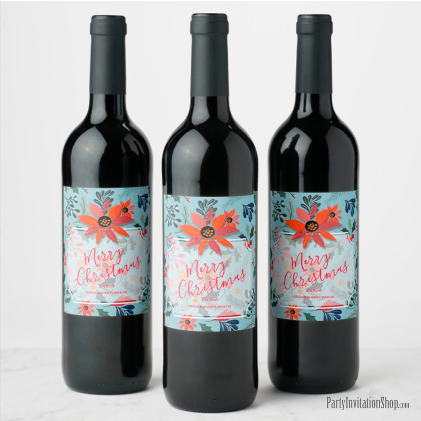 Winter Flowers Merry Christmas Holiday Wine Labels