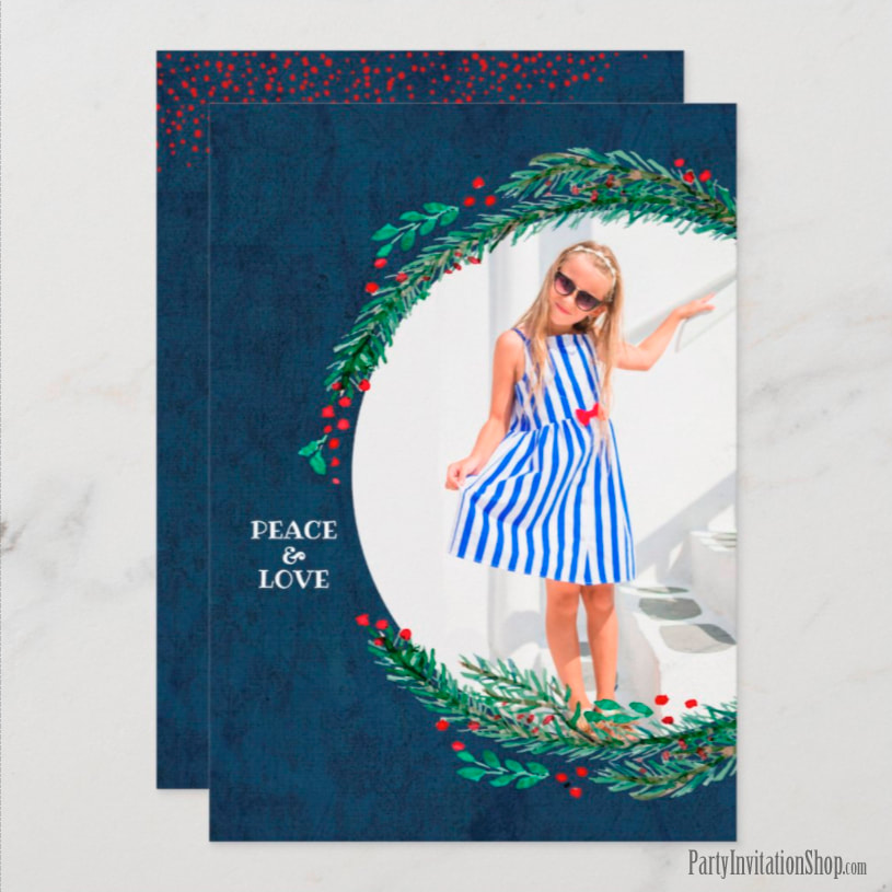 Pine Wreath on Dark Blue Christmas Photo Cards