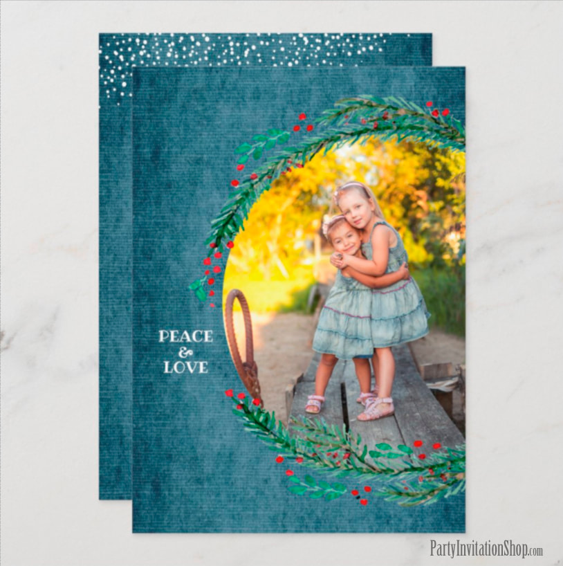 Pine Wreath on Denim Christmas Photo Cards