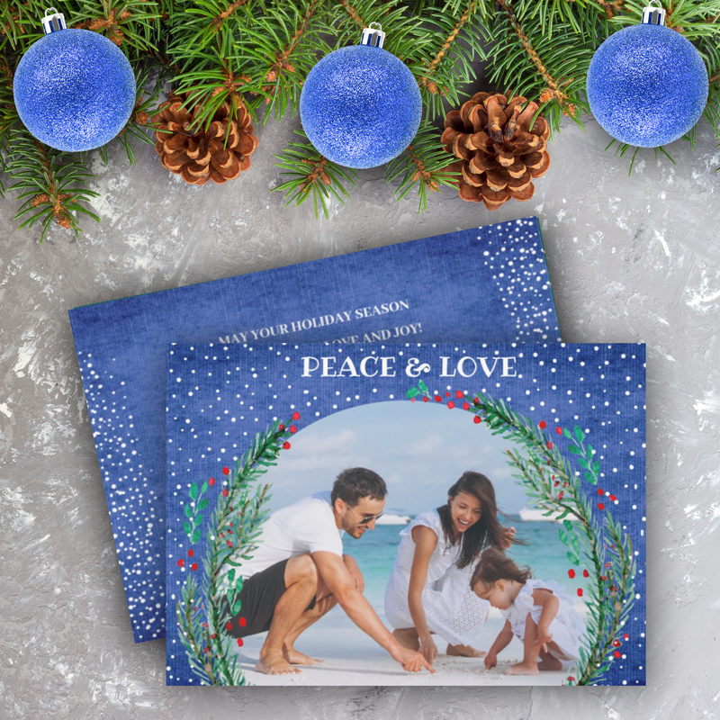 Pine Wreath Blue Christmas Photo Holiday Cards