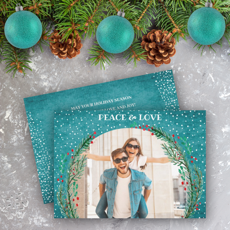 Pine Wreath Turquoise Christmas Photo Holiday Cards