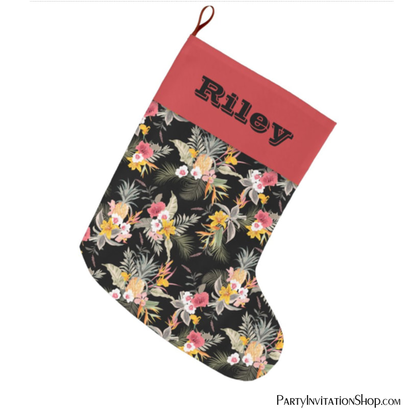 Pineapple Tropical Floral on Black Large Christmas Stockings
