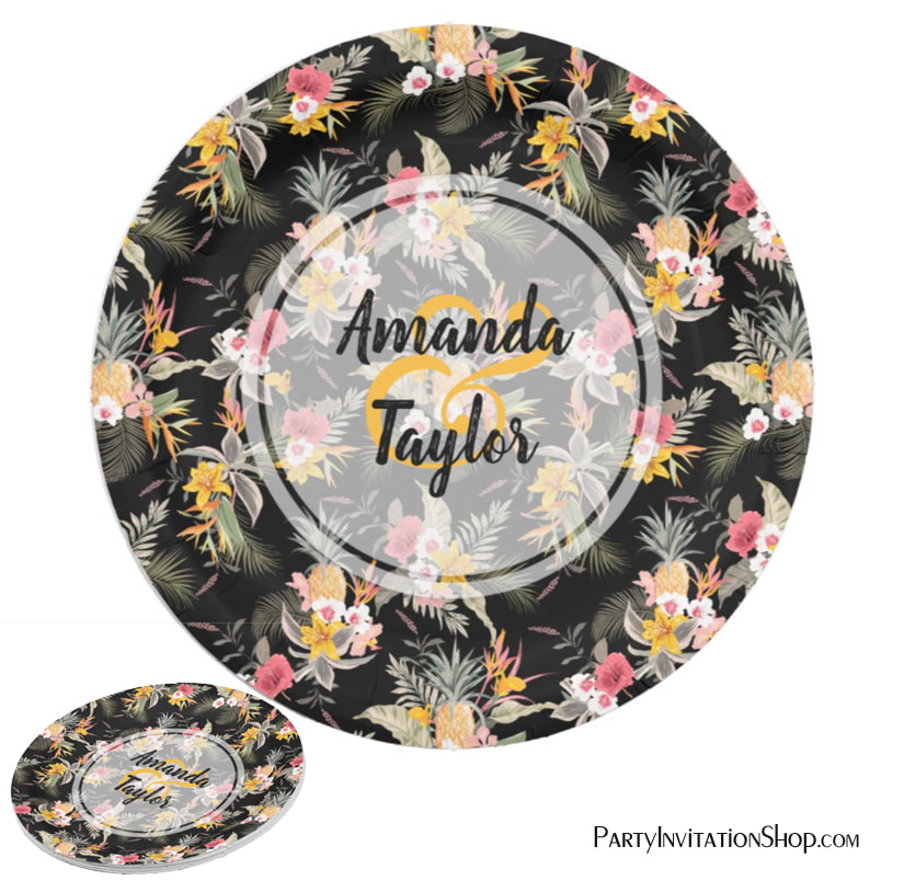 Pineapple and Flowers on Black Paper Plates