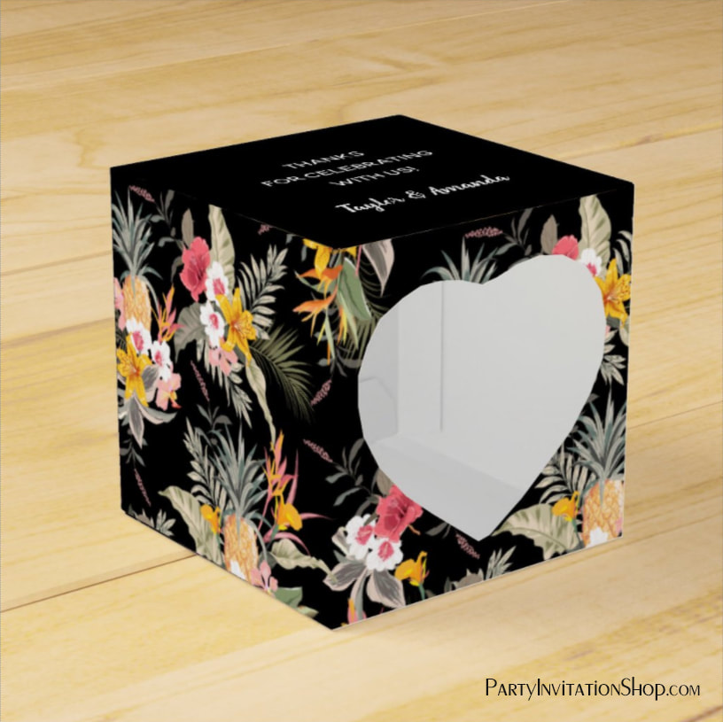 Tropical Floral on Black Square Heart Favor Box
