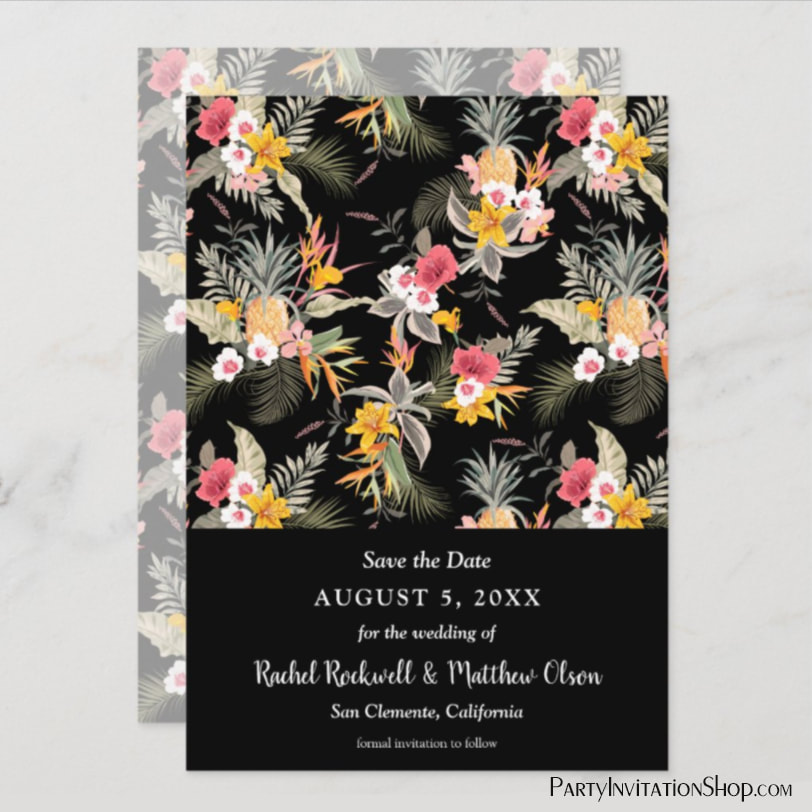 Tropical Floral on Black Wedding Save the Date Cards