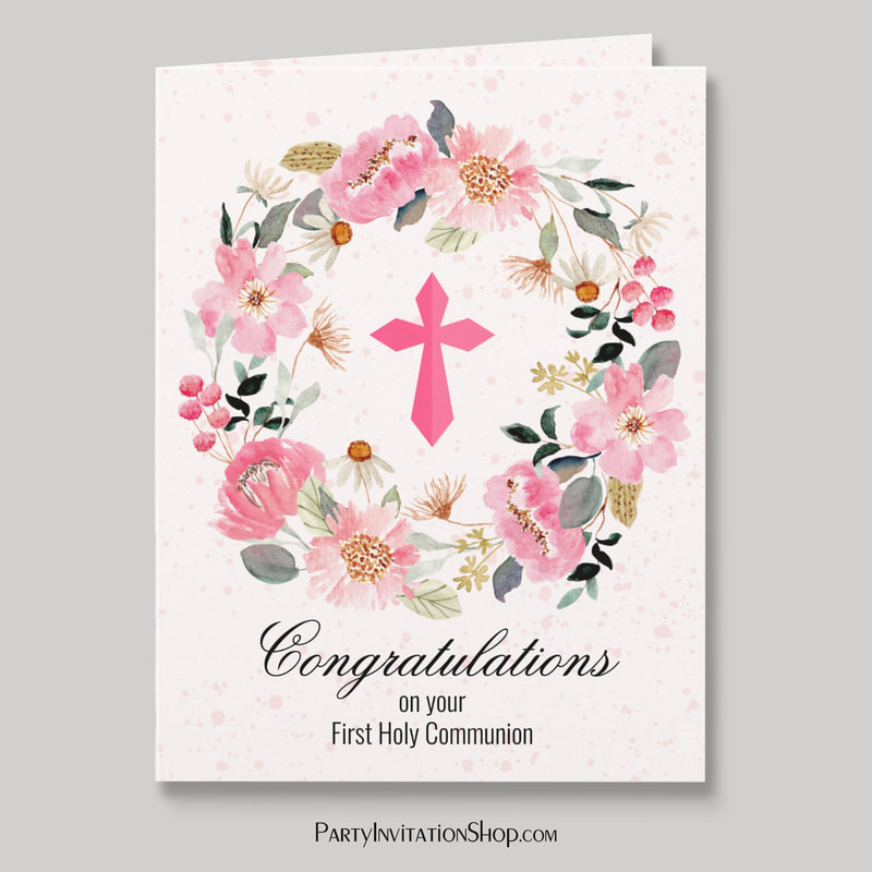 Pink Cross Floral Wreath First Communion Card Greeting Card